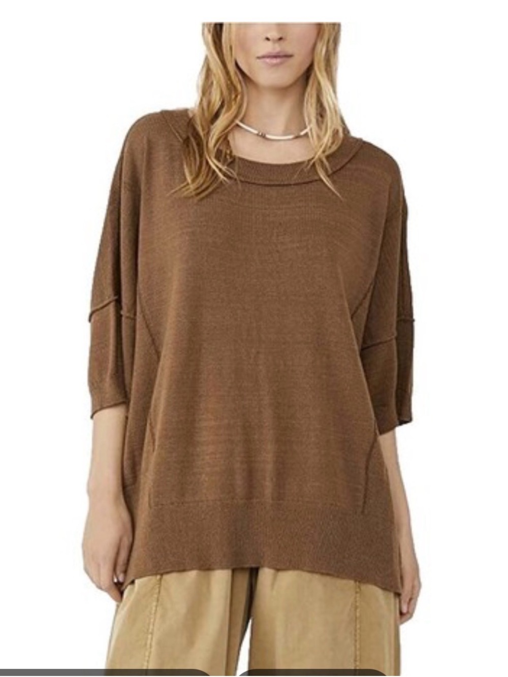 Free People Oversized Scoop-Neck Knit Sweater in Brown XS